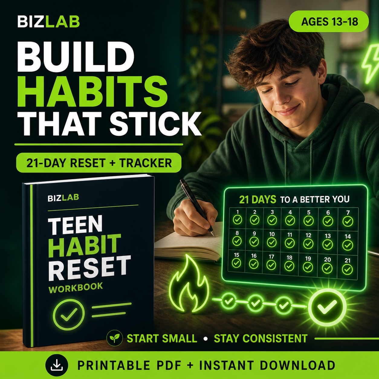 Teen Habit Reset Workbook & 21-Day Tracker — BizLaboratory digital workbook cover