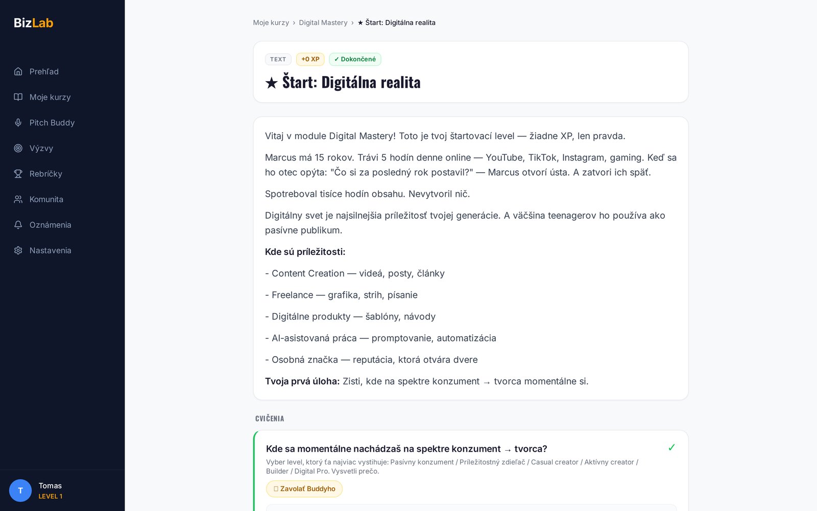 Štruktúra lekcie — ukážka z online kurzu BizLaboratory