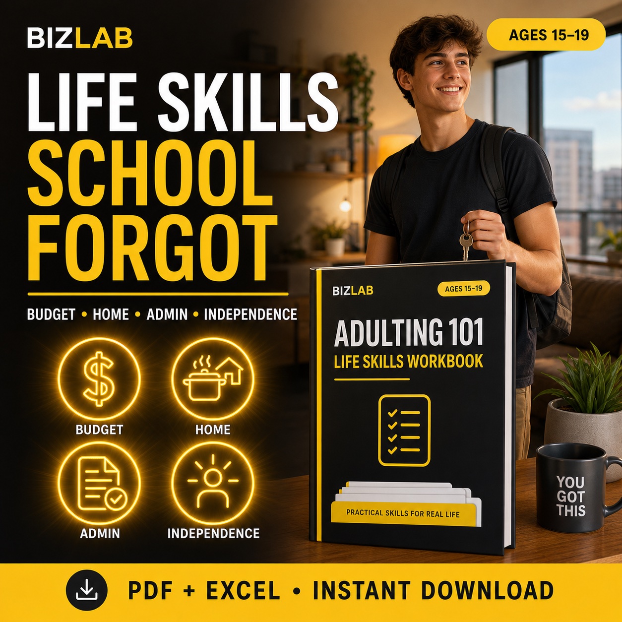 Adulting 101 Life Skills Workbook — BizLaboratory digital workbook cover