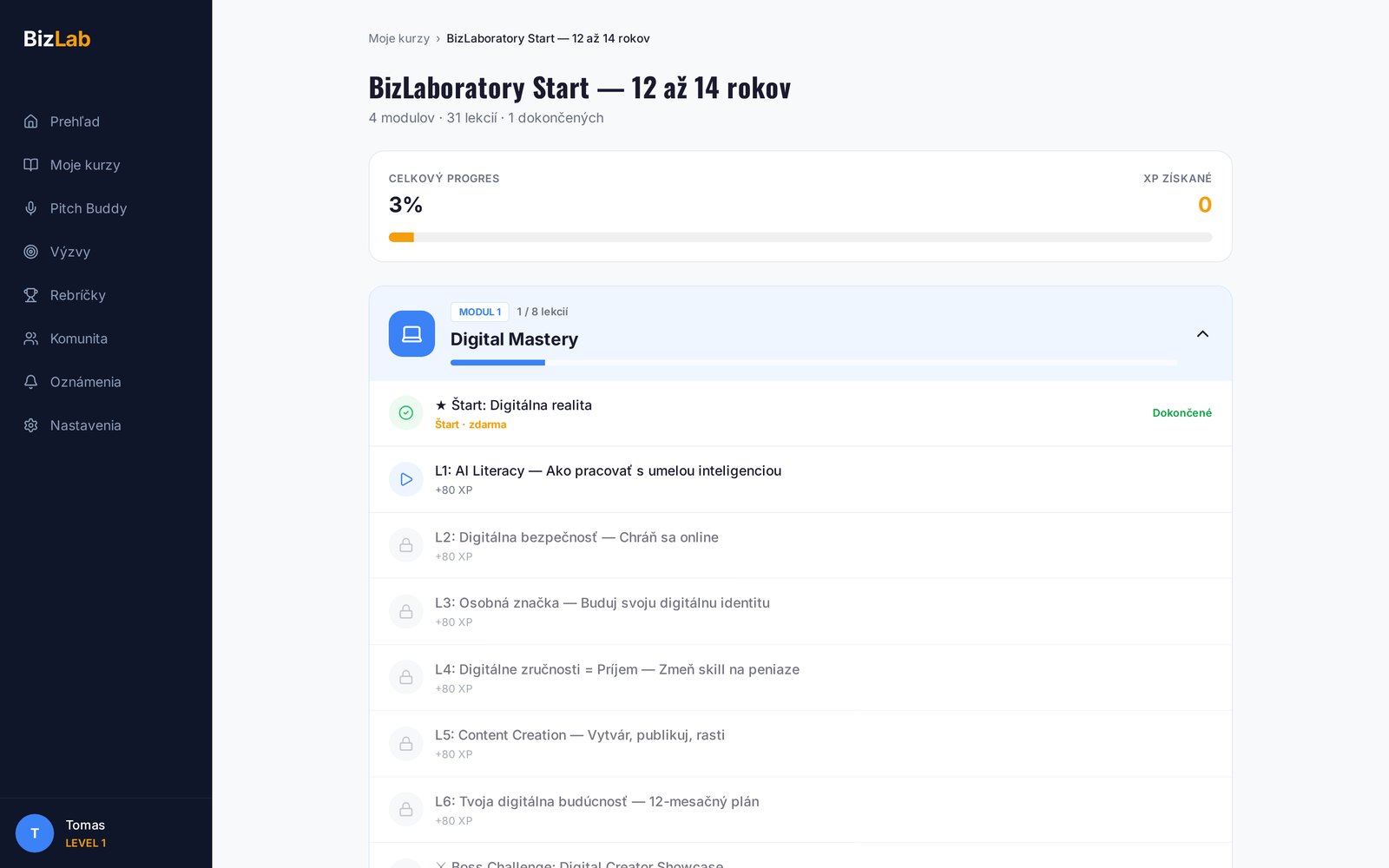 Štruktúra kurzu — ukážka z online kurzu BizLaboratory