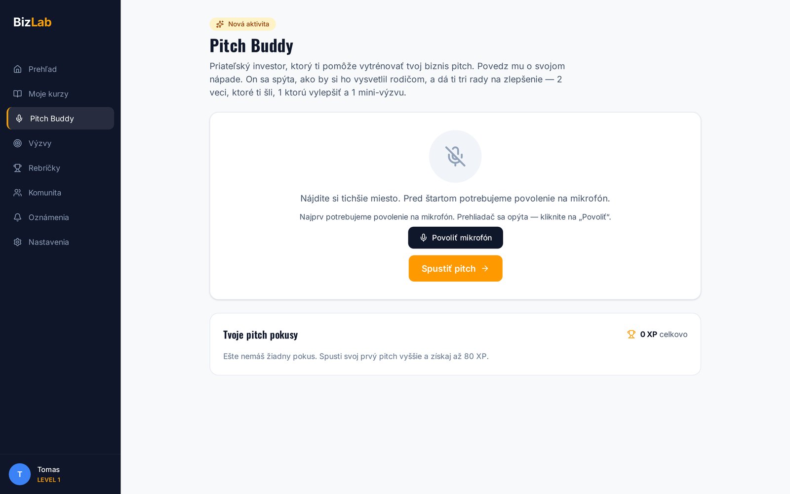 AI Pitch Buddy — ukážka z online kurzu BizLaboratory